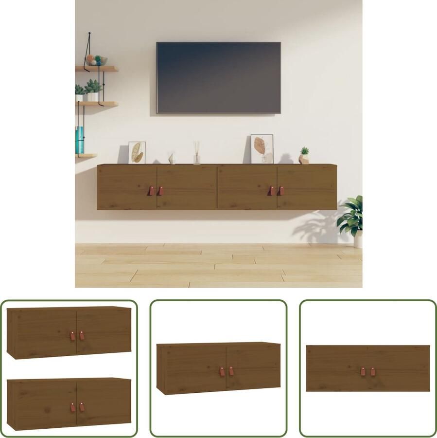 The Living Store Wandkast Honingbruin Massief Grenenhout 80x30x30 cm Set van 2