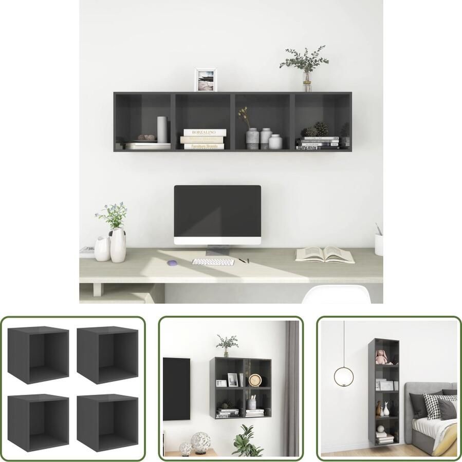 The Living Store Wandkasten 4 st 37x37x37 cm bewerkt hout hoogglans grijs Wandkast Hangkast Badkamermeubilair Opslagoplossing Woonaccessoires - Foto 2