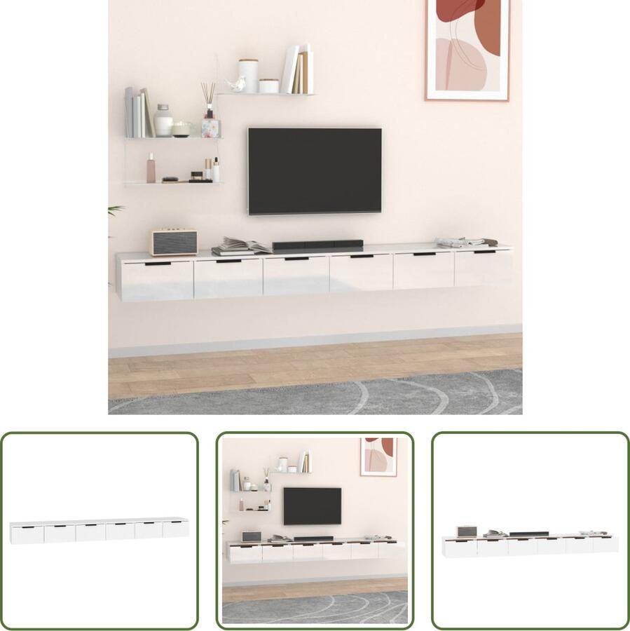 The Living Store Wandkasten 2 st 102x30x20 cm bewerkt hout hoogglans wit Wandkast Keukenopslag Badkamerkast Opslagmogelijkheden Houten Kast