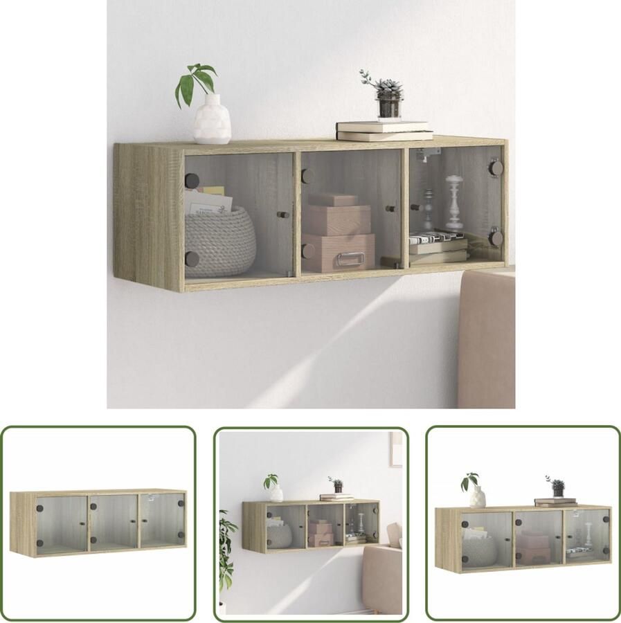 The Living Store Wandkast met glazen deuren 102x37x35 cm sonoma eikenkleurig Wandkast Wandkasten Opbergkast Wandgemonteerde Kast