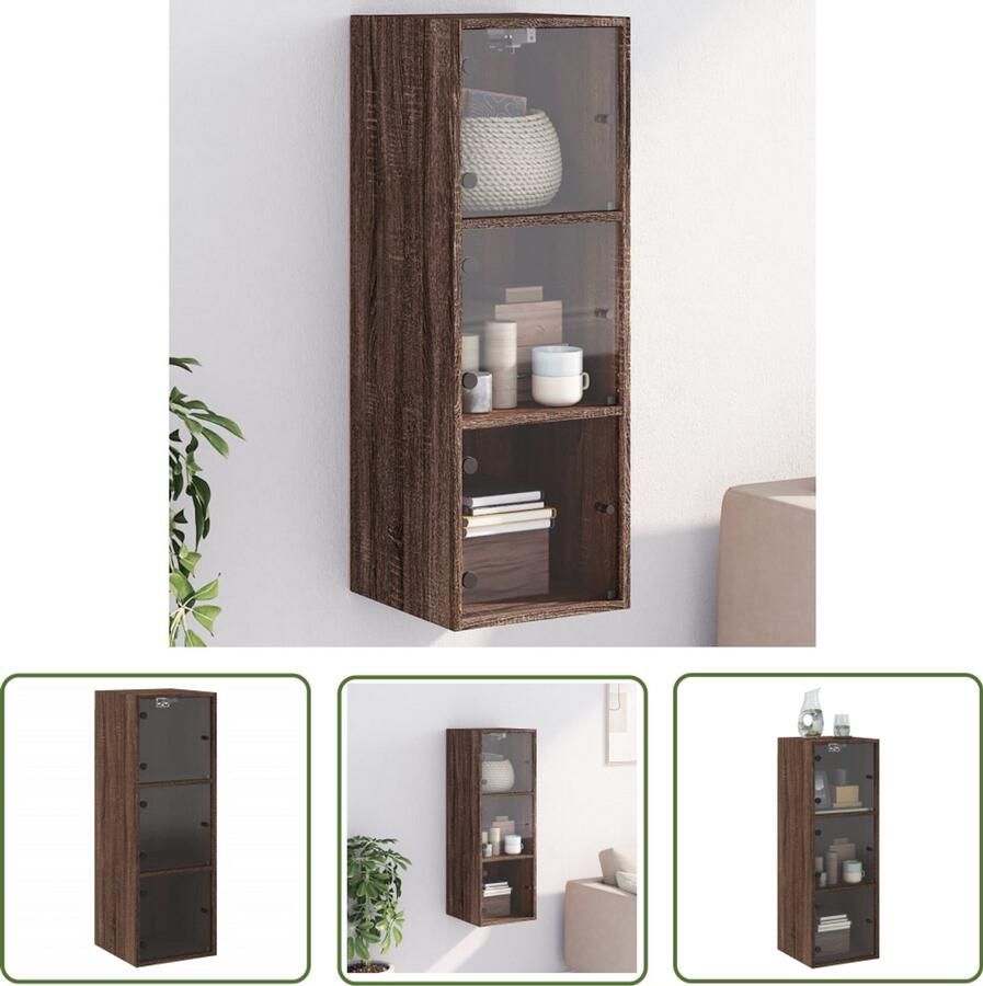 The Living Store Wandkast met glazen deuren 35x37x100 cm bruineikenkleurig Hangkast Wandkast Bruineiken Houten Kast Opbergkast