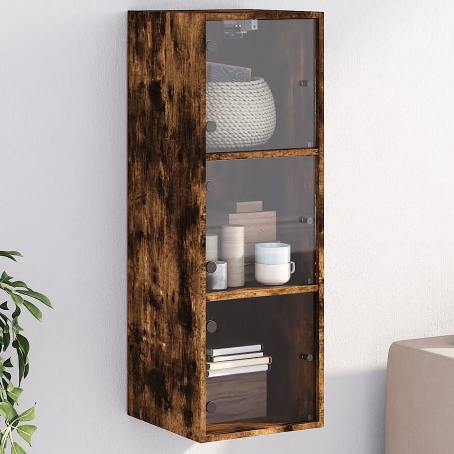 The Living Store Wandkast met glazen deuren 35x37x100 cm gerookt eikenkleurig Hangkast Wandkast Houten Kast Bruine Kast Vintage Kast