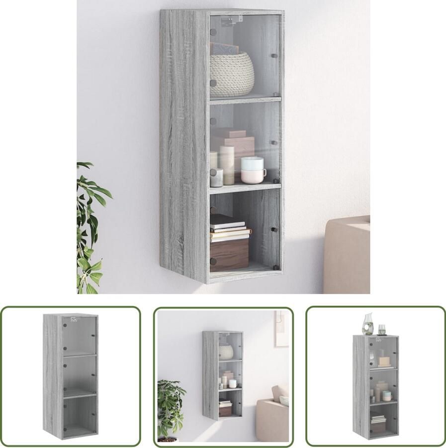 The Living Store Wandkast met glazen deuren 35x37x100 cm grijs sonoma eiken Hangkast Grijze Kast Houten Kast Bergruimte Wanddecoratie