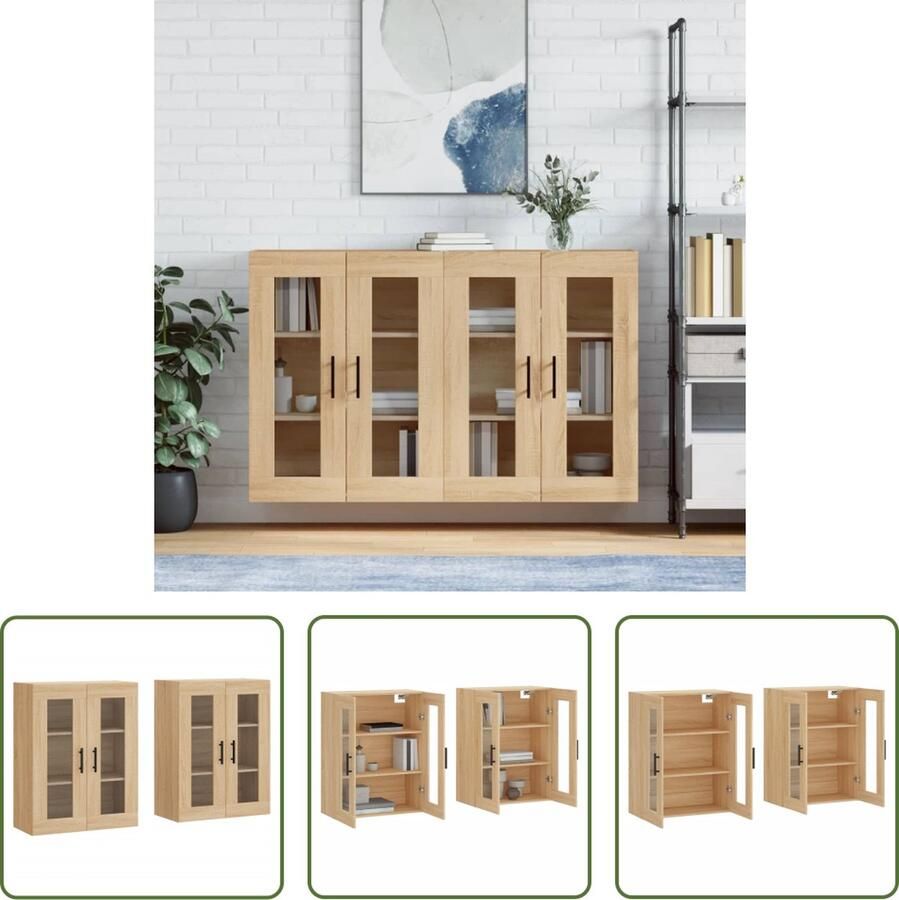 The Living Store Hangkasten 2 st bewerkt hout sonoma eikenkleurig Wandkast Houten Kast Opbergkast Salontafel Livingroom Meubels
