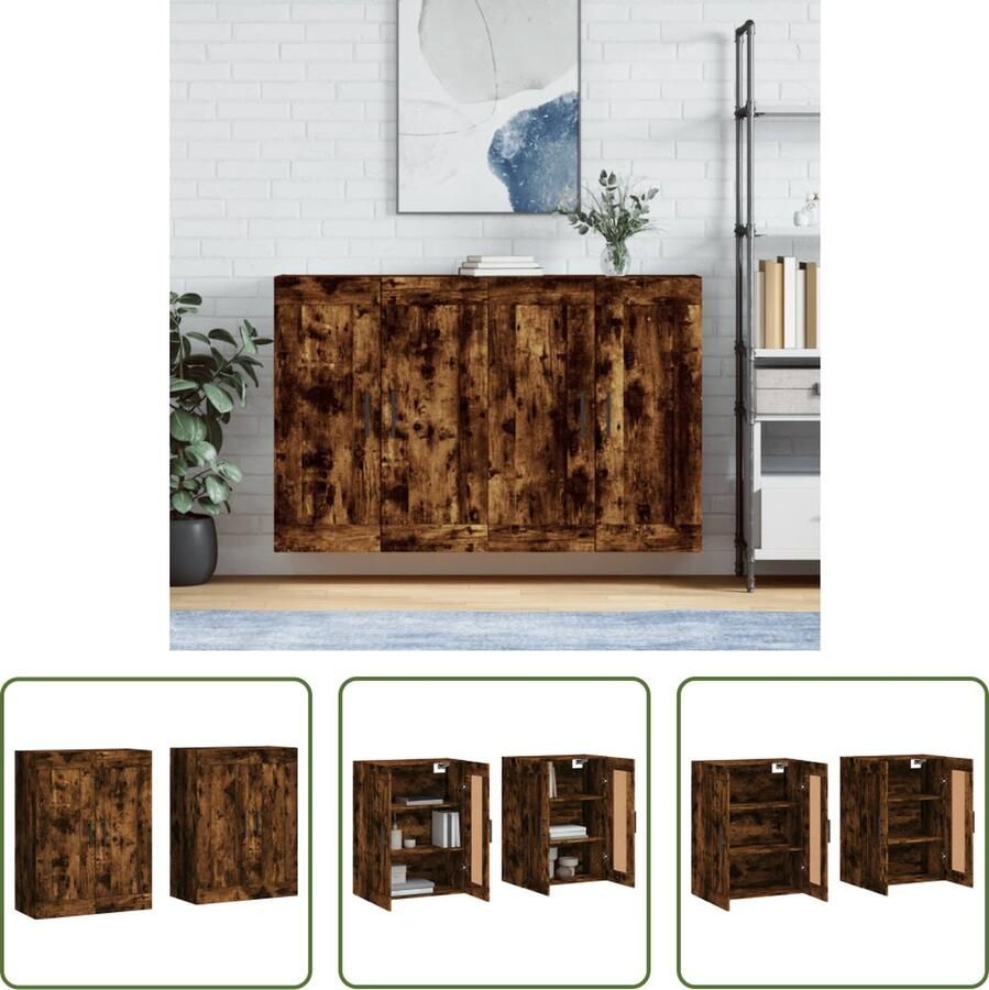 The Living Store Hangkasten 2 st bewerkt hout gerookt eikenkleurig Wandkast Opbergkast Houten Kast Keukenopstelling Woonkamerdecoratie