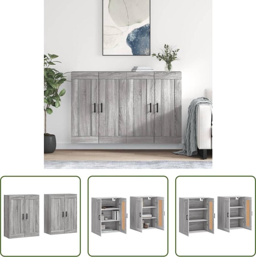 The Living Store Hangkasten 2 st bewerkt hout grijs sonoma eikenkleurig Wandkast Opbergkast Grijze Kast Houten Kast Salontafel