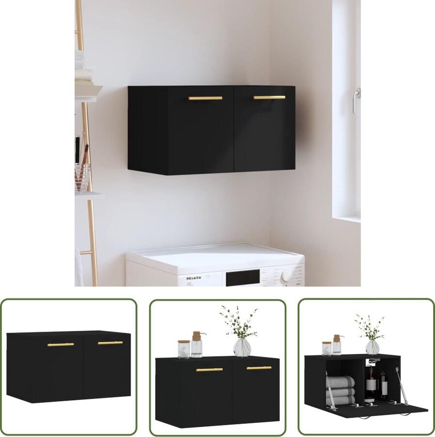 The Living Store Wandkast Zwart 60 x 36.5 x 35 cm Bewerkt Hout Wandkast Zwarte Wandkast Houten Wandkast Opbergkast Badkamerkast - Foto 2
