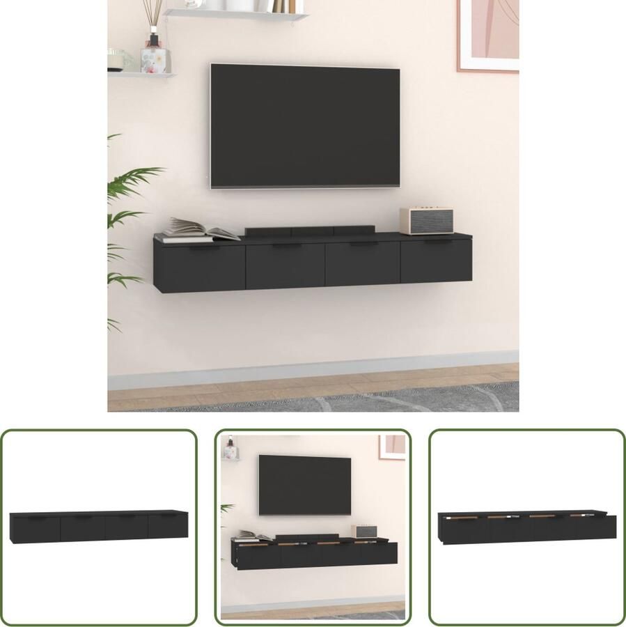 The Living Store Wandkasten 2 st 68x30x20 cm bewerkt hout zwart Wandkast Zwarte Wandkast Kast Met Lade Hangkast Badkamerkast