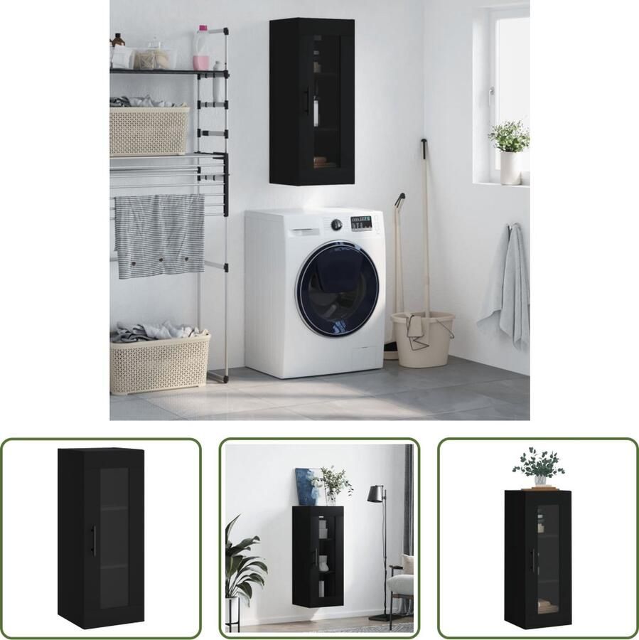 The Living Store Hangkast 34 5x34x90 cm zwart Wandkast Opbergkast Houten Kast Zwarte Kast Moderne Kast