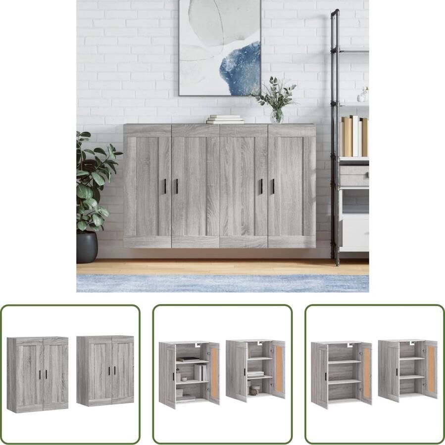 The Living Store Hangkasten 2 st bewerkt hout grijs sonoma eikenkleurig Wandkast Grijze Wandkast Houten Wandkast Opbergkast Salontafel
