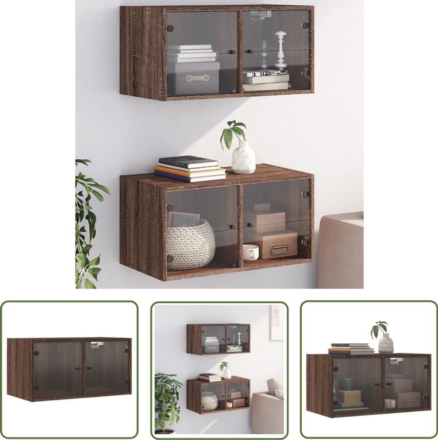 The Living Store Wandkasten met glazen deuren 2 st 68 5x37x35 cm bruineikenkleur Wandkasten Houten Kast Bruine Eiken Opbergkast Badkamerkast