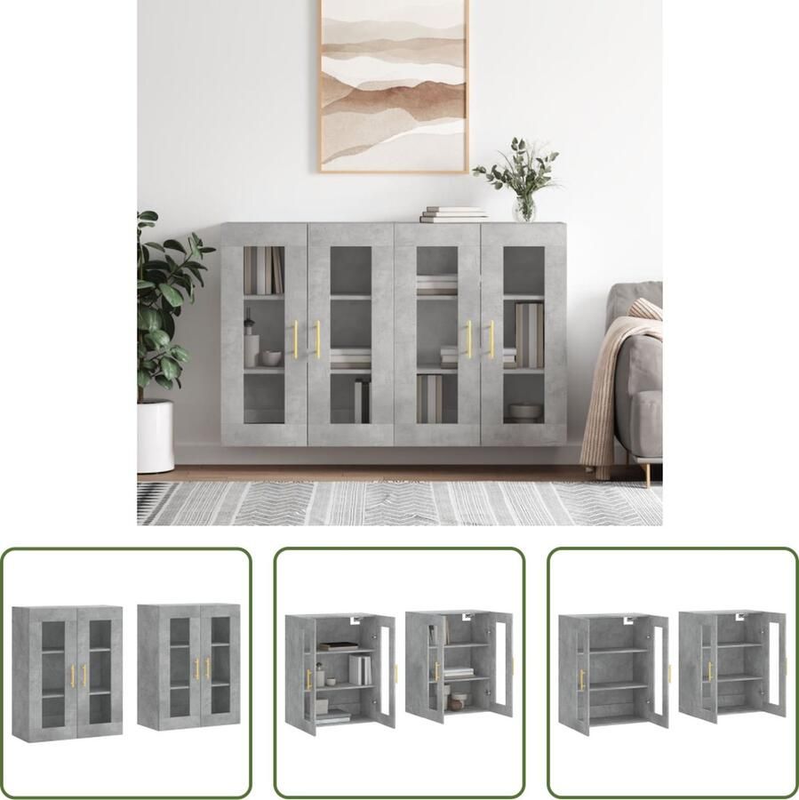 The Living Store Hangkasten 2 st bewerkt hout betongrijs Wandkast Houten Kast Grijze Kast Bergruimte Opbergkast - Foto 2