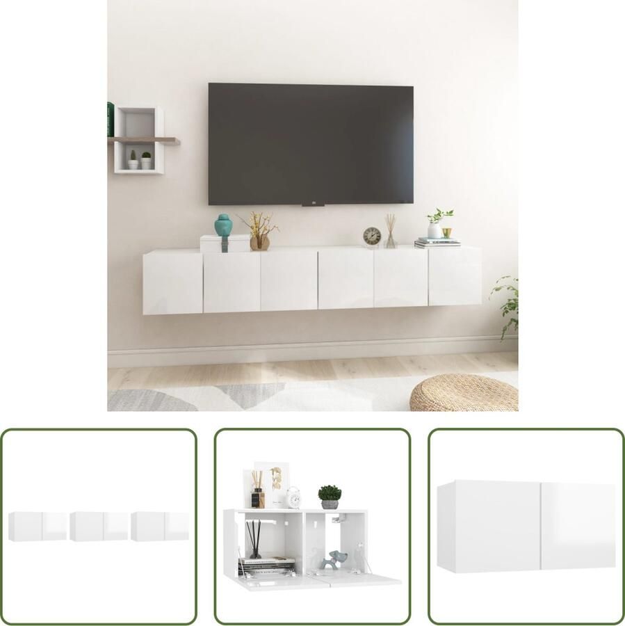The Living Store Wandmeubel Hifi-kastenset 60 x 30 x 30 cm Hoogglans wit Bewerkt hout - Foto 2
