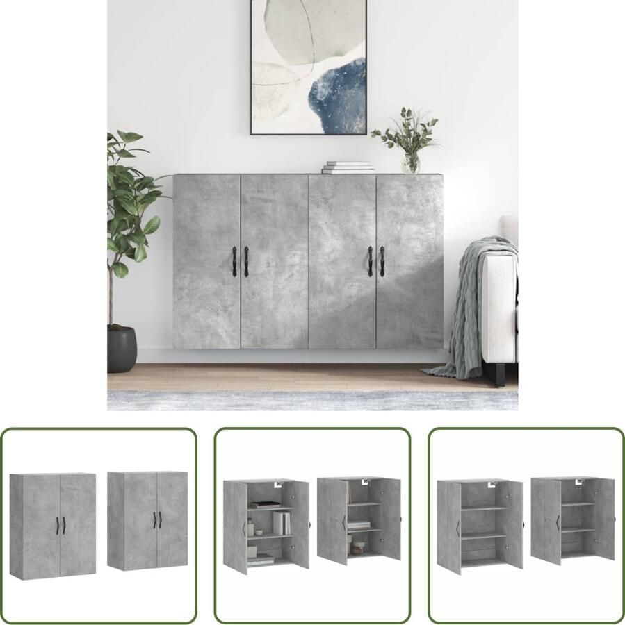 The Living Store Hangkasten 2 st bewerkt hout betongrijs Wandkast Opbergkast Betongrijs Houten Kast Badkameropstelling