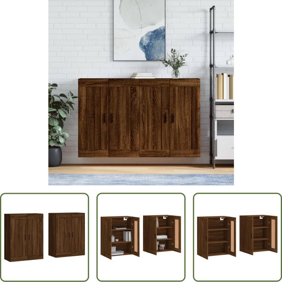 The Living Store Hangkasten 2 st bewerkt hout bruin eikenkleur Wandkast Opbergkast Houten Kast Hangkast Woonaccessoires