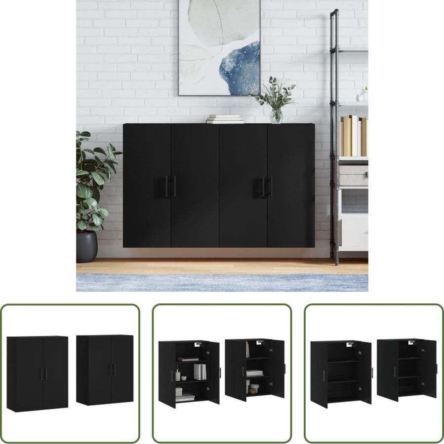 The Living Store Hangkasten 2 st 69 5x34x90 cm zwart Wandkast Opbergkast Houten Kast Zwarte Kast Decoratieve Kast