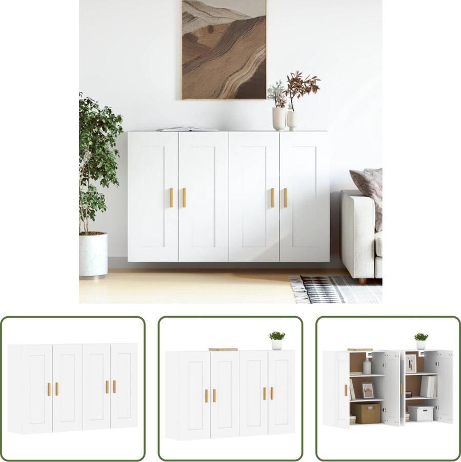 The Living Store Hangkasten 2 st bewerkt hout wit Wandkast Houten Kast Opbergkast Hangkast Wit Meubilair