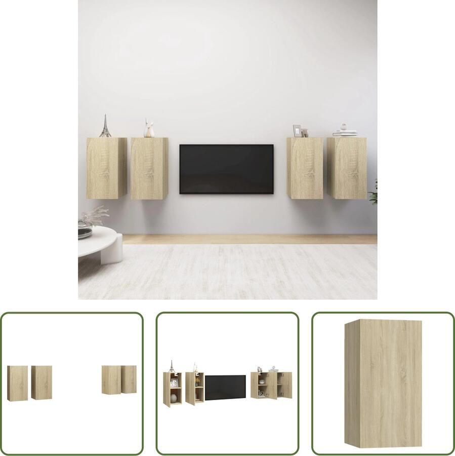 The Living Store Hangende TV-kastenset spaanplaat 30.5 x 30 x 60 cm Sonoma eiken 4x TV-meubel - Foto 2