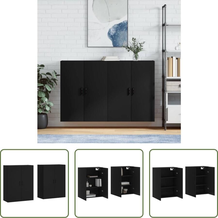 The Living Store Hangkasten 2 st 69 5x34x90 cm zwart Wandkast Opbergkast Houten Kast Zwarte Kast Badkamerkast