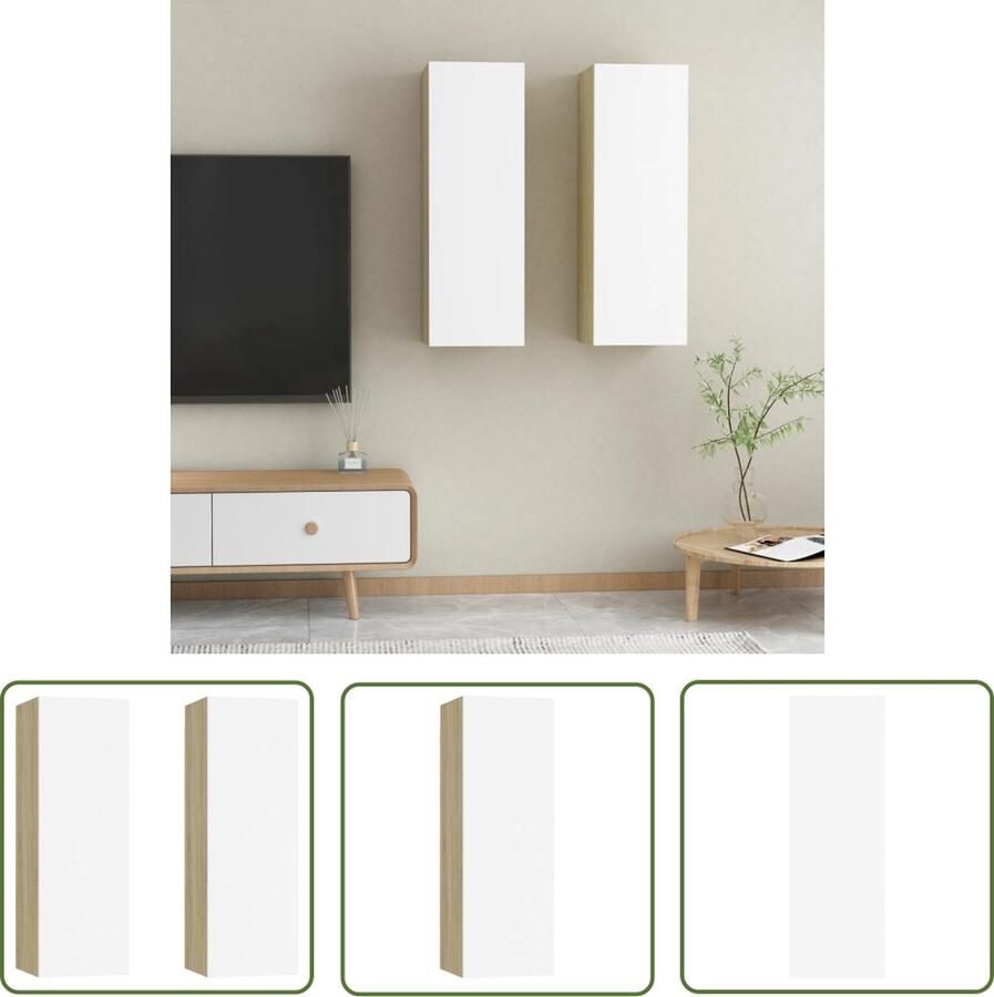 The Living Store Wandmeubelen Hangend TV Meubel 30.5 x 30 x 90 cm 2 Schappen Wit en Sonoma Eiken Spaanplaat Tv-meubel Wandmeubel Tv-kast Media-kast Livingroom Furniture