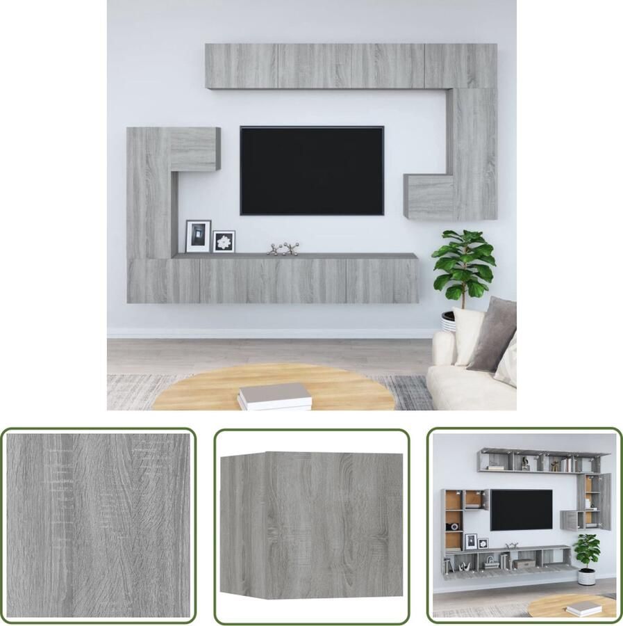 The Living Store Wandmeubelen TV-kasten Grijs sonoma eiken Hout Set van 2 (S) 2 (M) en 4 (L) TV Kast Wandkast Houten Kast Grijze Kast Saloninrichting