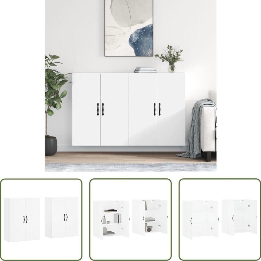 The Living Store Hangkasten 2 st bewerkt hout wit Wandkast Houten Kast Opbergkast Hangkast Wit Meubilair