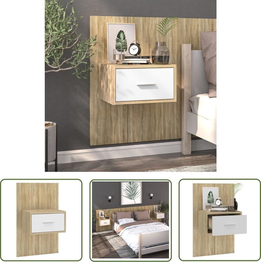 The Living Store Wandnachtkast Sonoma Eiken Wit 48.5 x 32.5 x 80 cm Wandmontage Opberglade - Foto 2