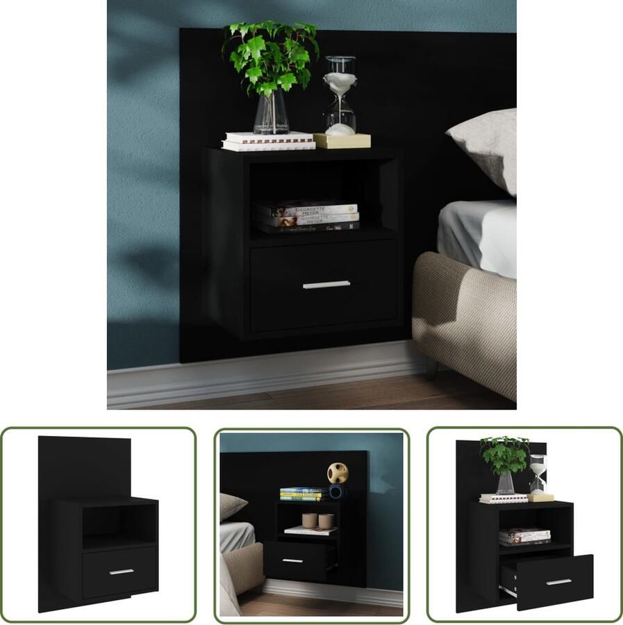 The Living Store Wandnachtkast Wandmontage Multifunctioneel Opberglade Eenvoudig schoon te maken Zwart Bewerkt hout 48.5 x 32.5 x 80 cm - Foto 2