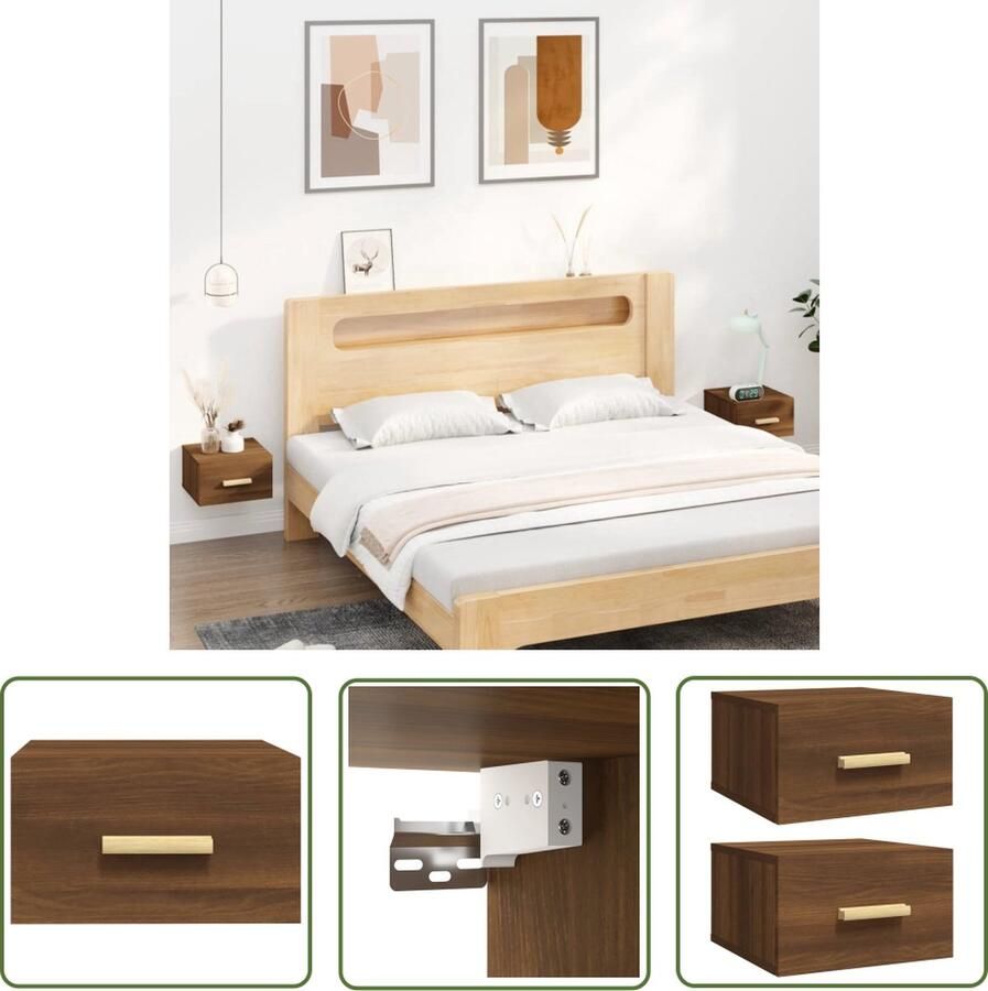 The Living Store Nachtkastjes 2 st wandgemonteerd 35x35x20 cm bruin eikenkleur Wandlamp Nachtlamp Bergruimte Houten Meubilair Slaapkamersdecoratie - Foto 2