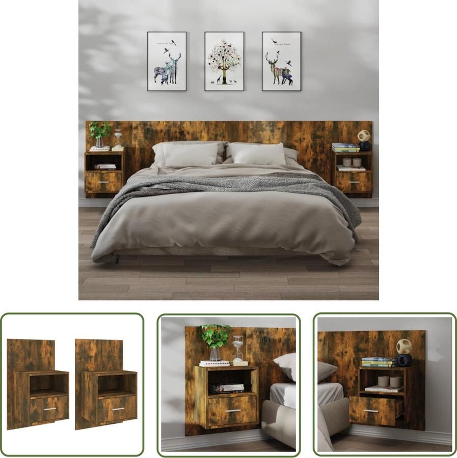 The Living Store Wandnachtkastjes Gerookt eiken 60 x 40 x 40 cm Wandmontage Multifunctioneel Eenvoudig schoon te maken Montage vereist 2 stuks Wandlamp Nachtlamp Bergruimte Badkamermeubel Houten Meubilair - Foto 9