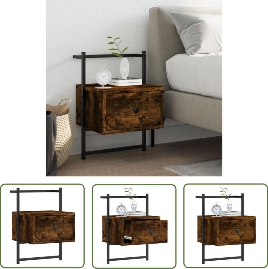 The Living Store Wandnachtkastje Nachtkastje Afmetingen- 35 x 30 x 51 cm Materiaal- Bewerkt hout Kleur- Gerookt eiken Wandlamp Nachtkastje Slaapkamervloer Houten Meubilair Bruine Meubelstukken - Foto 2