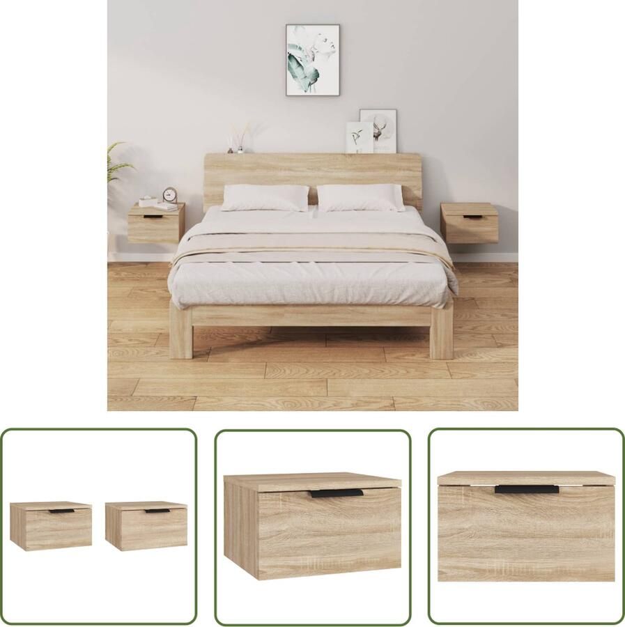 The Living Store Nachtkastjes 2 st wandgemonteerd 34x30x20 cm sonoma eikenkleur Wandlamp Nachtlamp Bergruimte Badkamermeubel Salontafel - Foto 3