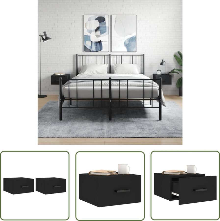 The Living Store Wandnachtkastje Zwart 35 x 35 x 20 cm Bewerkt hout Set van 2 - Foto 2