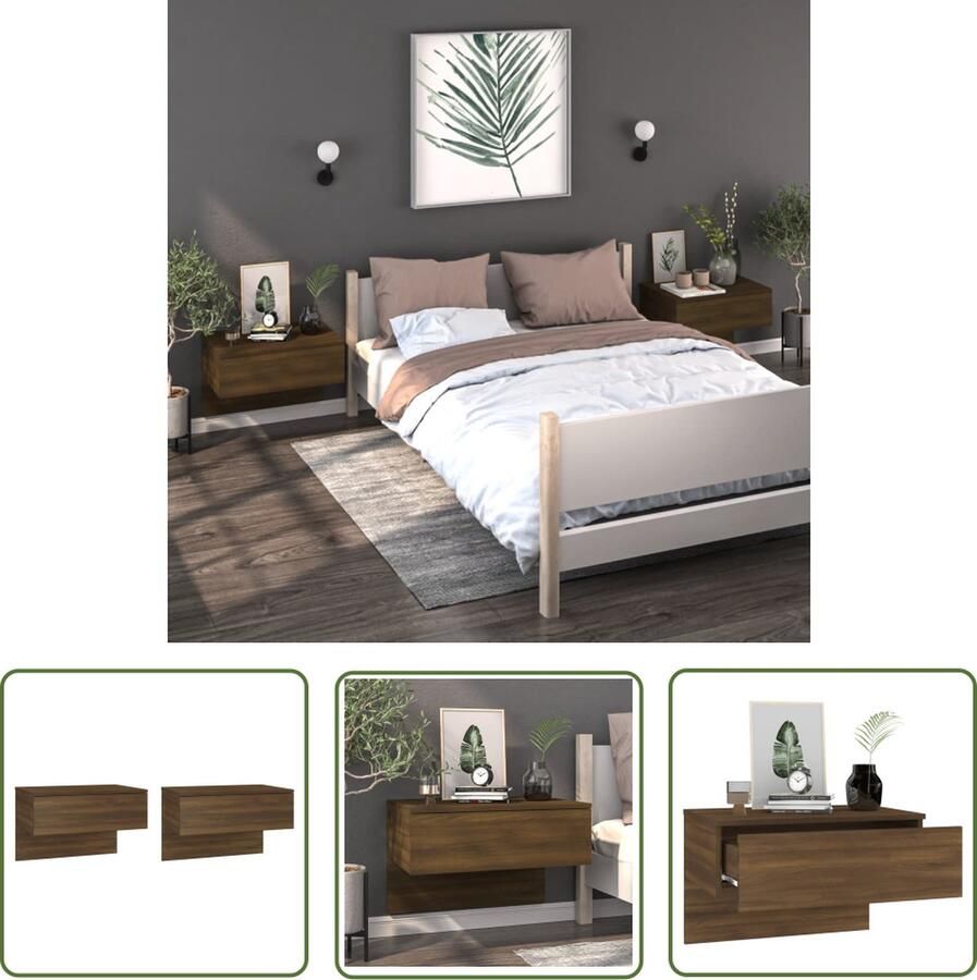 The Living Store Wandnachtkastjes Bruineiken 60 x 40 x 40 cm Multifunctioneel - Foto 2