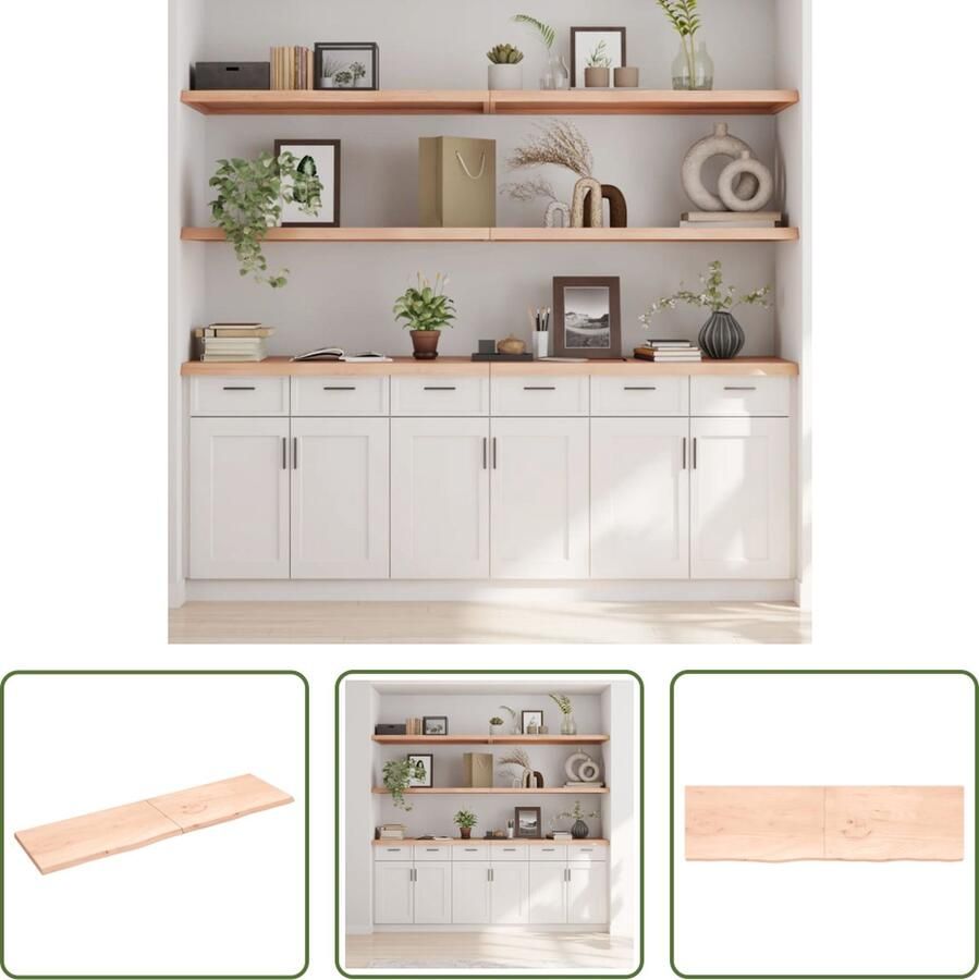 The Living Store Wandschap 220x60x(2-4) cm onbehandeld massief eikenhout Wandplank Houten Wandplank Eikenhouten Wandplank Rustic Wanddecoratie Vintage Wandplank