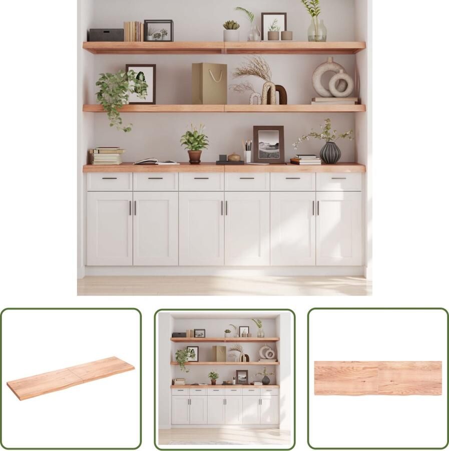 The Living Store Wandschap 220x60x(2-6)cm behandeld massief eikenhout lichtbruin Wandplank Eikenhouten Plank Bergruimte Vintage Decoratie Landelijke Woonstijl