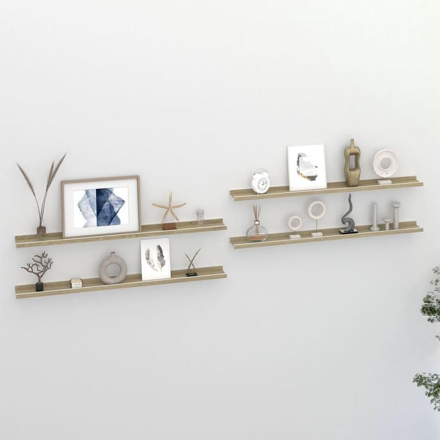 The Living Store Wandschappen 4 st 100x9x3 cm wit en sonoma eikenkleurig Wandplankje Wanddecoratie Mdf Planken Salontafel Accessoires Woonaccessoires - Foto 2