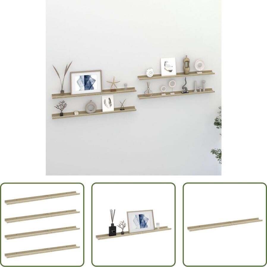 The Living Store Wandschappen 4 st 100x9x3 cm wit en sonoma eikenkleurig Wandplankje Wanddecoratie Mdf Planken Salontafel Accessoires Woonaccessoires