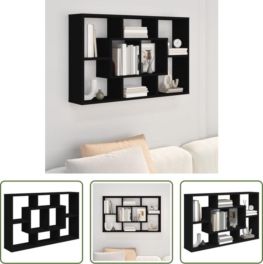 The Living Store Wandschap 85x16x52 5 cm bewerkt hout zwart Wandplankje Houten Plank Opbergkast Wanddecoratie Livingroom Decor - Foto 2