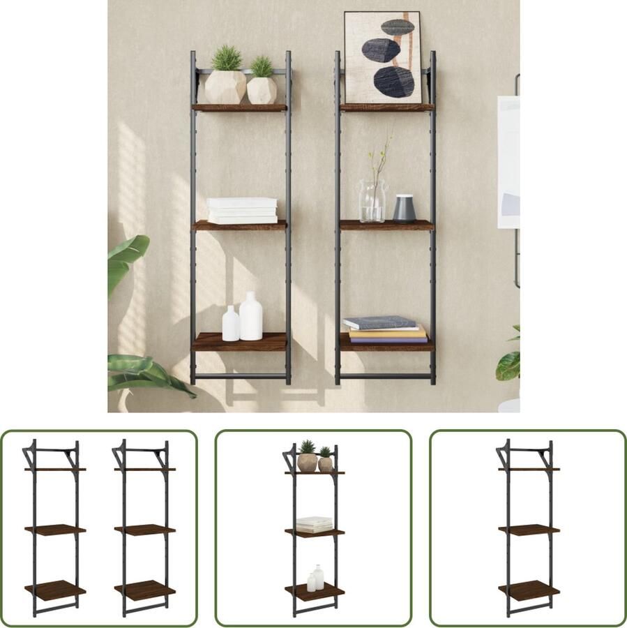 The Living Store Wandschappen 3-laags met stangen 2 st 30x25x100 cm bruineiken Wanddecoratie Houten Wandplank Bruine Meubels Opbergkastje Wandopbergers