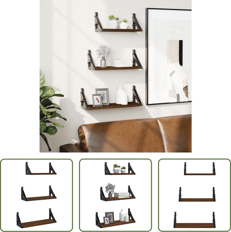 The Living Store 3-delige Wandschappenset bewerkt hout bruin eikenkleur Wandplanken Wandopbergers Houten Planken Bruine Meubels Woondecoratie