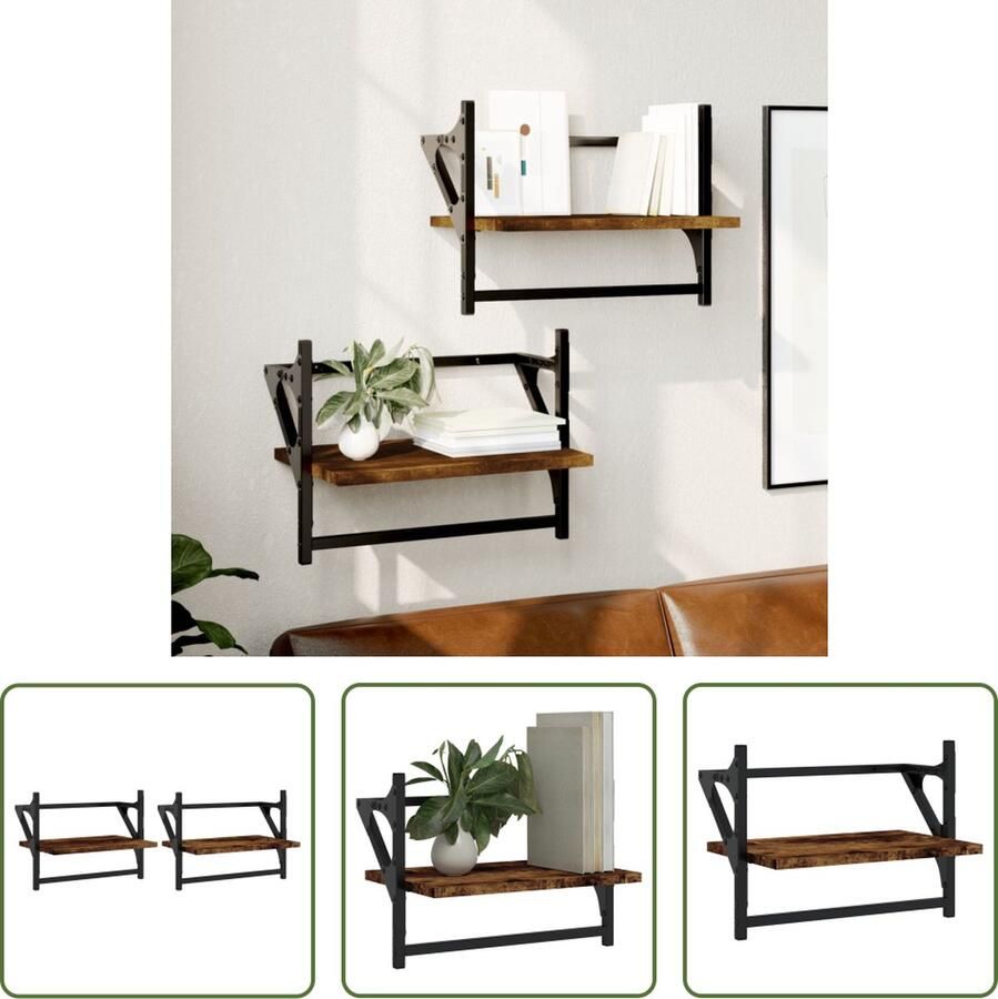 The Living Store Wandschappen met stangen 2 st 40x25x30 cm gerookt eikenkleurig Wanddecoratie Houten Wandplank Woonaccessoires Opslagmogelijkheden Design Wandplank