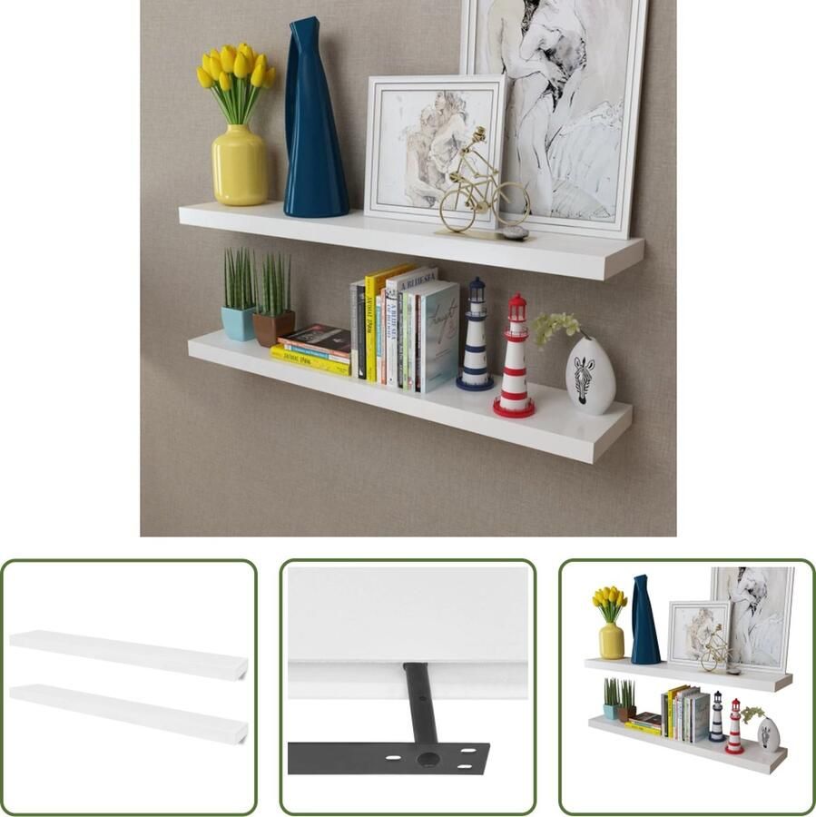The Living Store Wandplanken MDF zwevend voor boeken dvd wit 2 st Wandplanken Mdf Zwevende Wandplanken Wanddecoratie Opbergplanken - Foto 2
