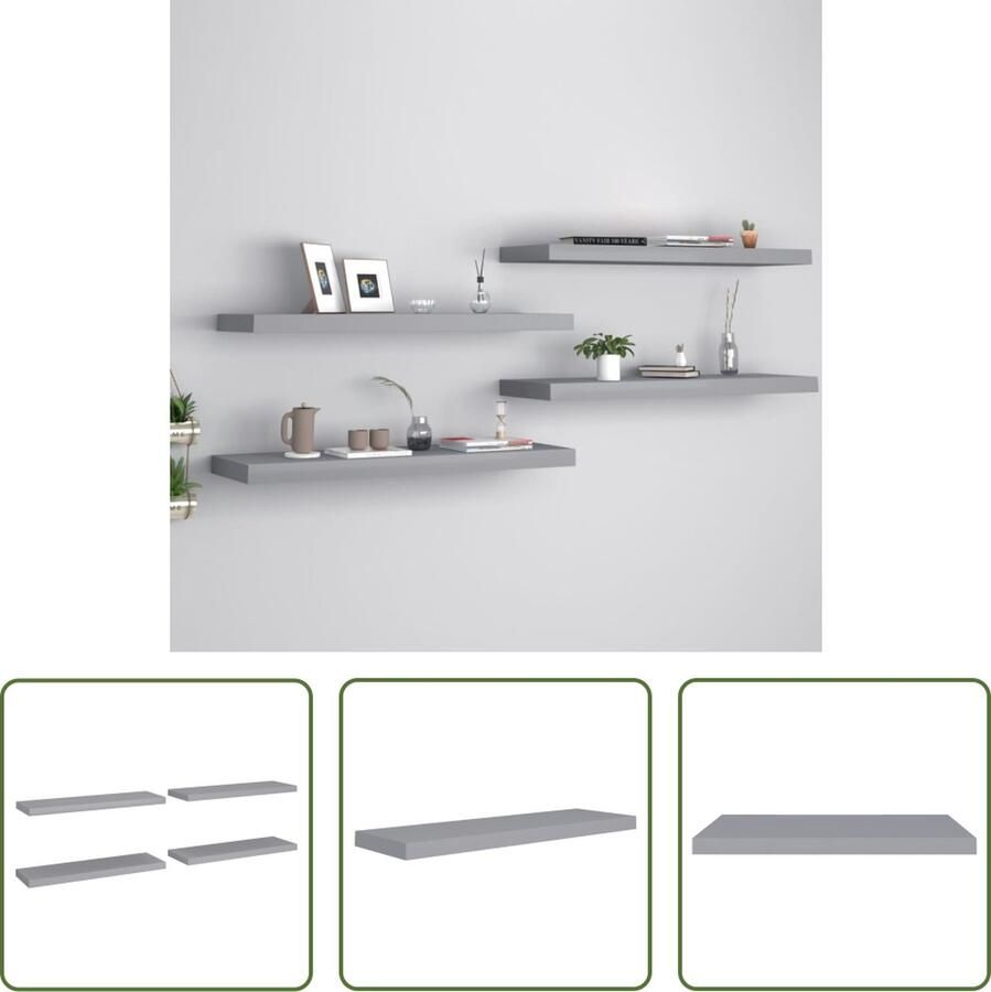 The Living Store Wandschappen zwevend 4 st 80x23 5x3 8 cm MDF grijs Wandplank Zwevende Planken Houten Wandplank Grijze Wandplank Salontafel - Foto 2