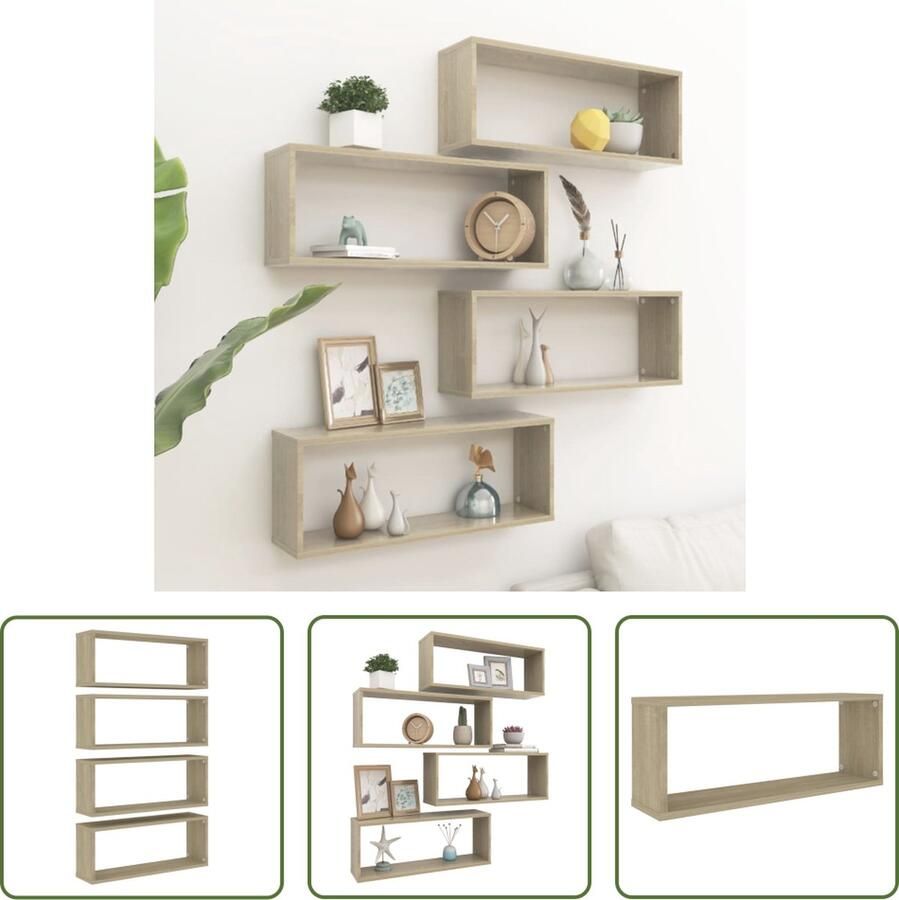 The Living Store Wandschappen kubus 4 st 60x15x23 cm bewerkt hout sonoma eiken Wanddecoratie Wandplanken Houten Wandplanken Salontafel Woonaccessoires - Foto 3