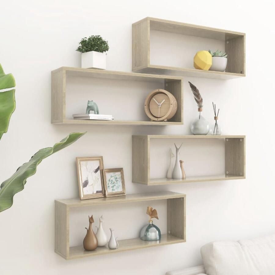The Living Store Wandschappen kubus 4 st 60x15x23 cm bewerkt hout sonoma eiken Wanddecoratie Wandplanken Houten Wandplanken Salontafel Woonaccessoires