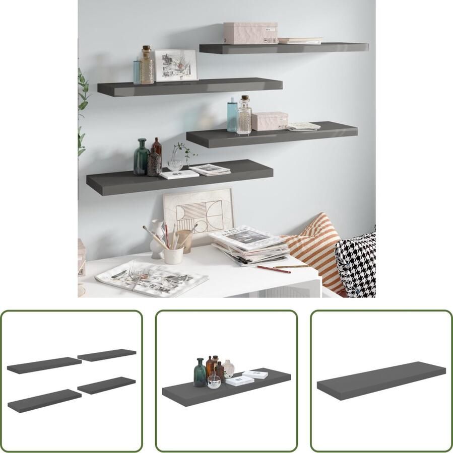 The Living Store Wandschappen zwevend 4 st 80x23 5x3 8 cm MDF hoogglans grijs Wandplank Wandendecoratie Opbergoplossing Livingroom Decoratie Salon Meubilair - Foto 2