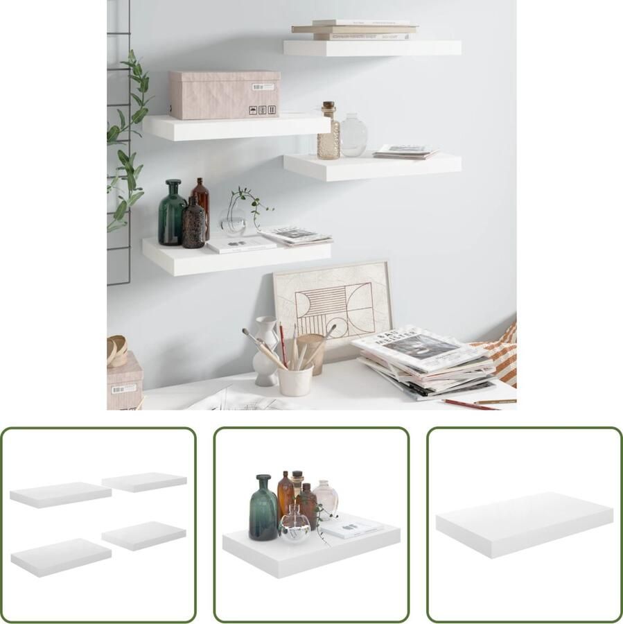 VidaXL Wandschappen zwevend 4 st 40x23x3 8 cm MDF hoogglans wit Zwevende Wandschappen Wandplank Mdf Plank Hoogglans Wit Salontafel - Foto 2