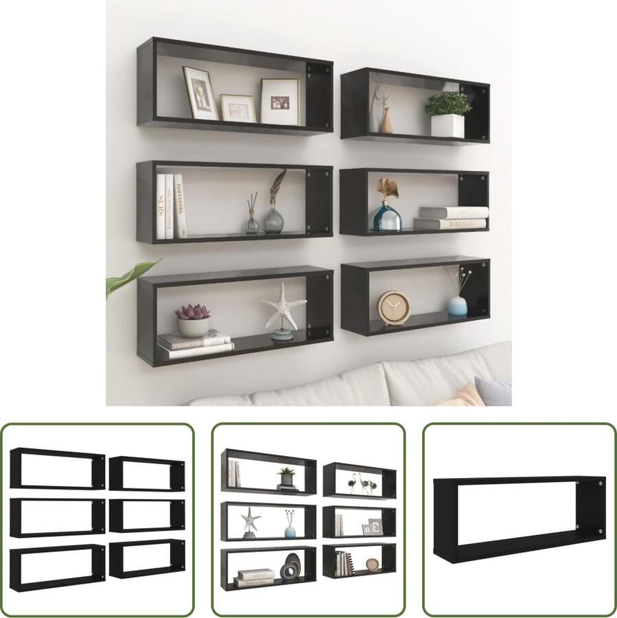 The Living Store Wandschappen kubus 6 st 60x15x23 cm bewerkt hout zwart Wandplanken Zwarte Wandplanken Houten Wandplanken Wanddecoratie Opslagoplossing - Foto 2