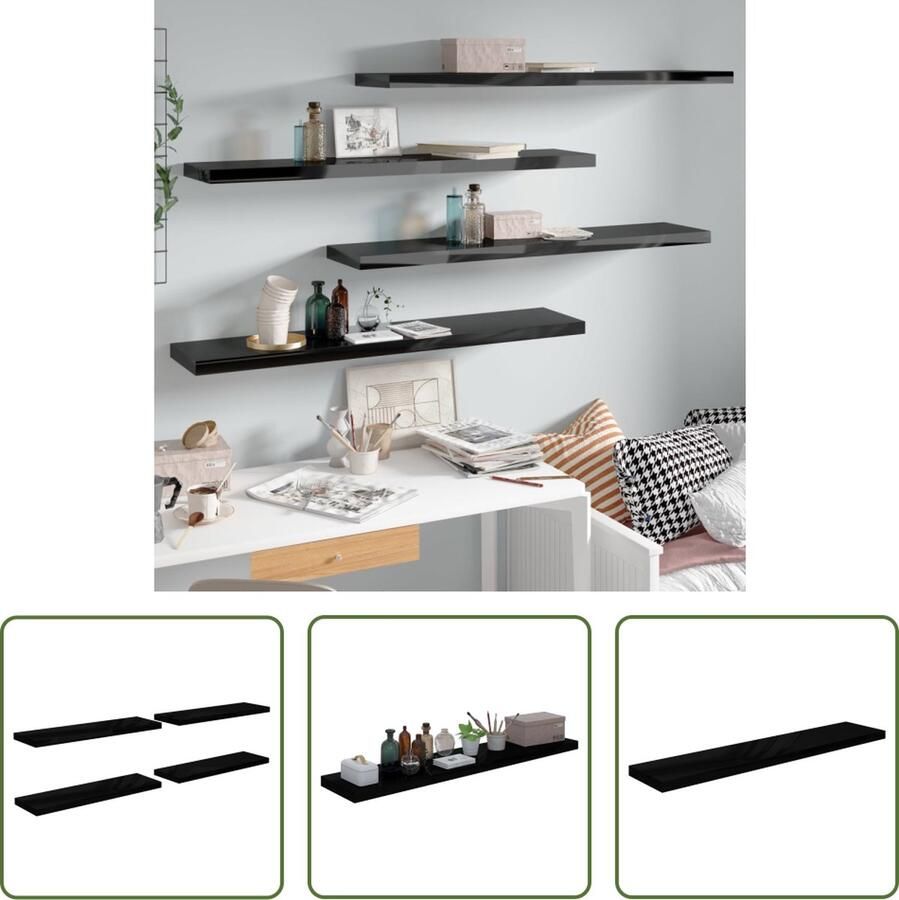 The Living Store Wandschappen zwevend 4 st 120x23 5x3 8 cm MDF hoogglans zwart Wandplank Zwevende Plank Zwarte Wanddecoratie Opbergruimte Honey Comb Mdf